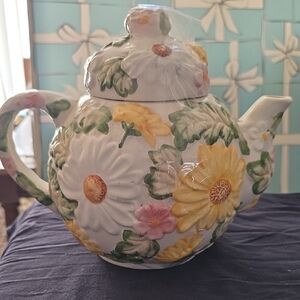 Floral Ceramic Teapot with Yellow and Green Accents